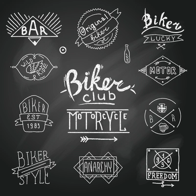 Vintage badge biker motor emblem in sketch style on chalk board vector illustration