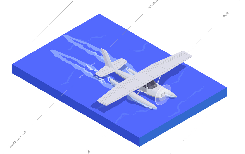 Air transport isometric composition with jet landing on water 3d vector illustration