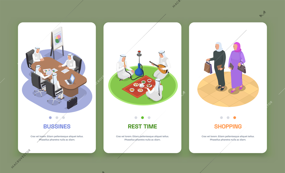 Colored isometric banners set with arab people working resting and doing shopping 3d isolated vector illustration