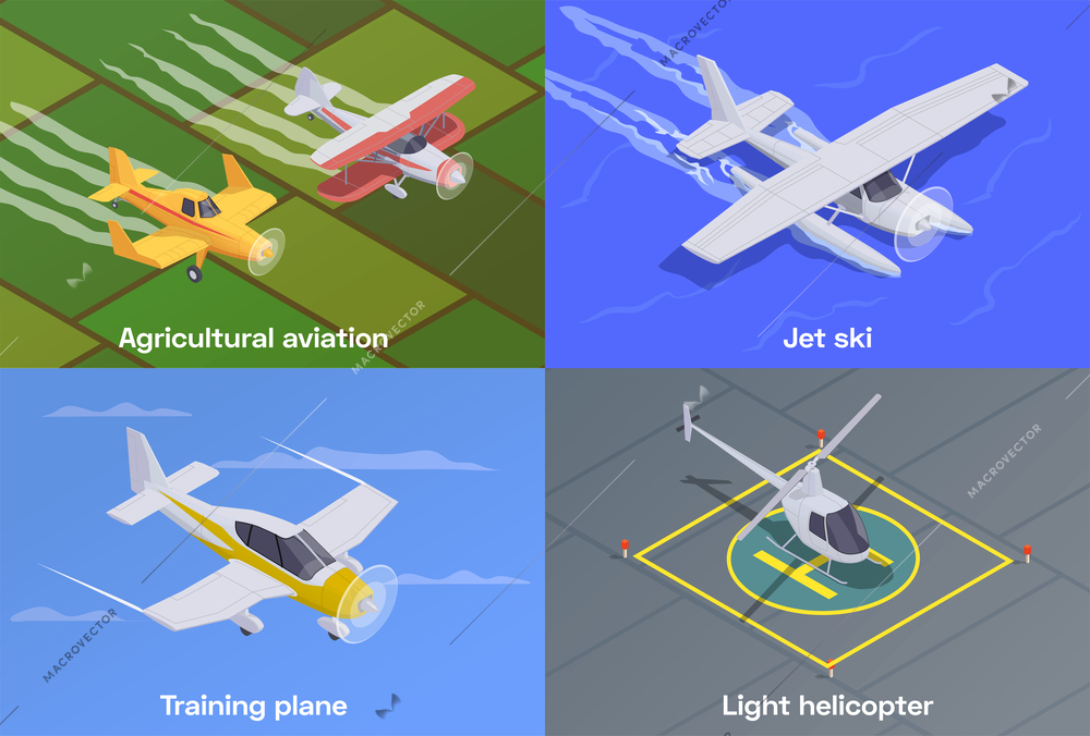 Colored 2x2 design concept with different small air transport isometric isolated vector illustration