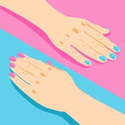 Manicure isometric background with female hands with pink and blue nails 3d isolated vector illustration