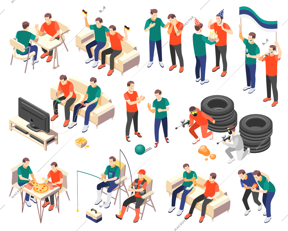 Male friendship set of 3d icons with men spending time together isolated vector illustration