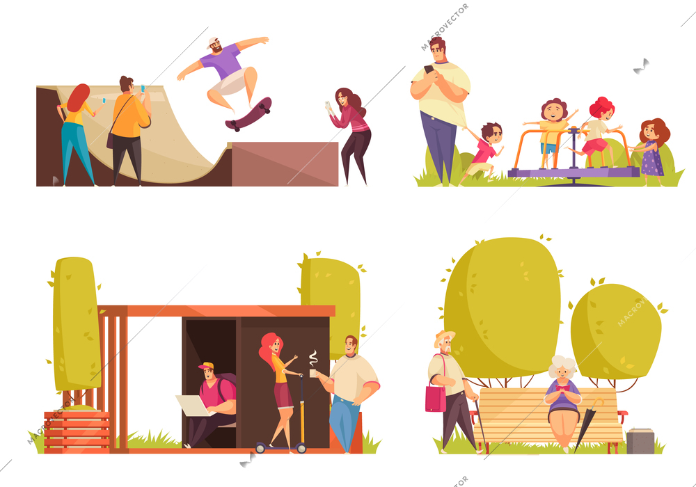 City park 4 flat compositions with kids on carousel skateboarding construction old people knitting walking vector illustration