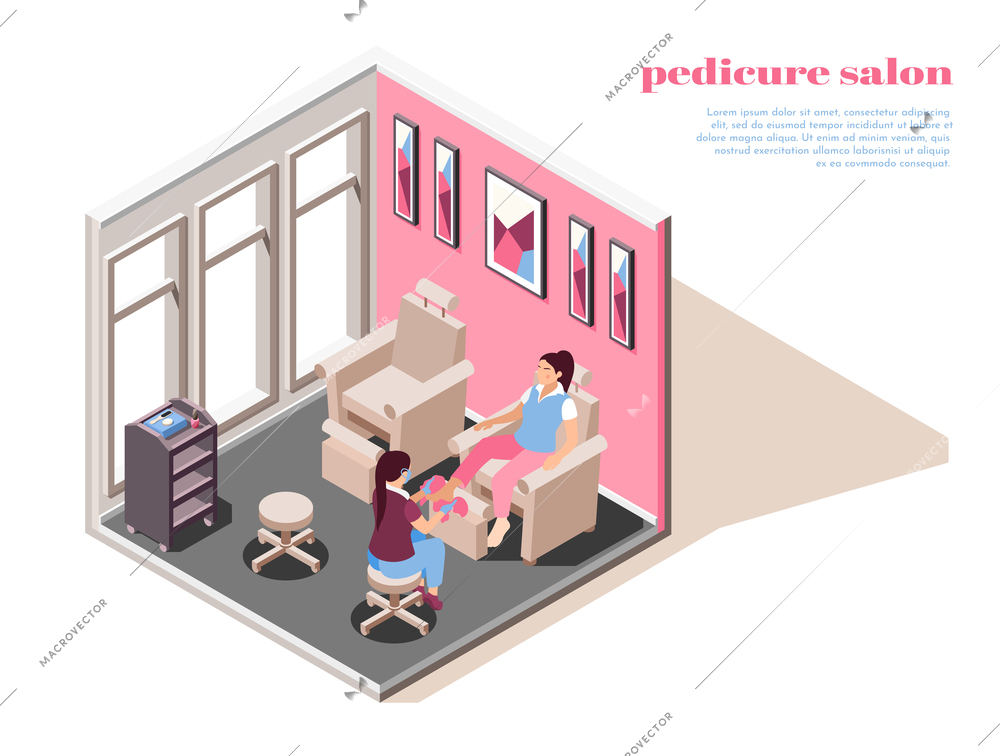 Isometric composition with pedicure procedure in professional salon 3d vector illustration