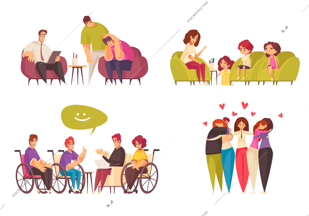 Psychotherapy sessions with psychologist  4 flat compositions with child adolescents and handicapped group therapy isolated vector illustration