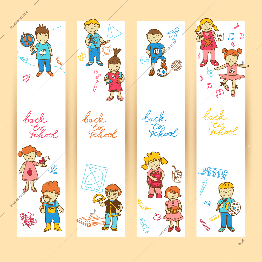 Set of banners with  doodle cute study school education girls and boys in color vector illustration