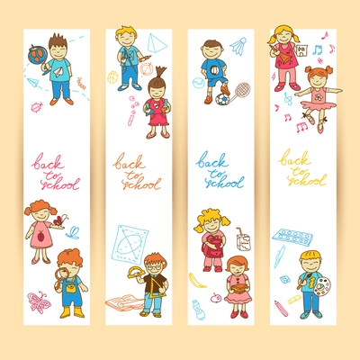 Set of banners with  doodle cute study school education girls and boys in color vector illustration