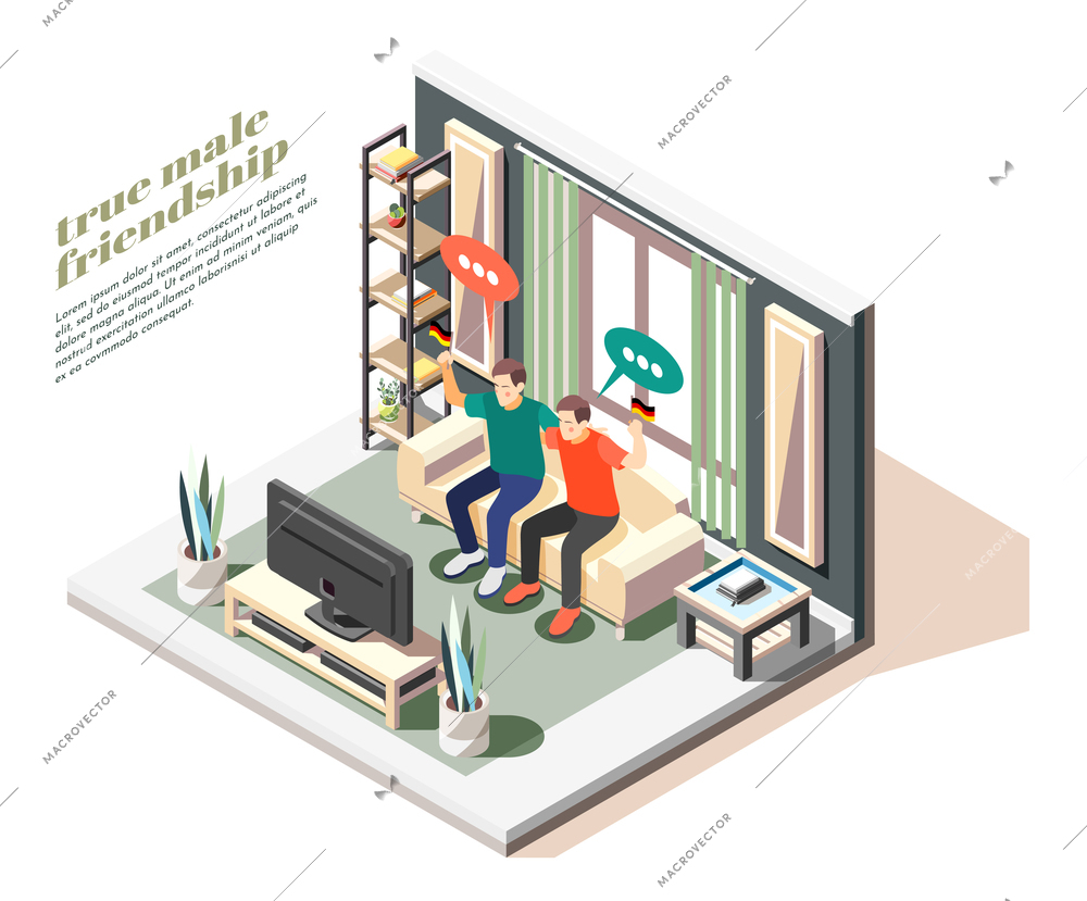 True male friends watching sport game on tv holding german flags isometric composition 3d vector illustration