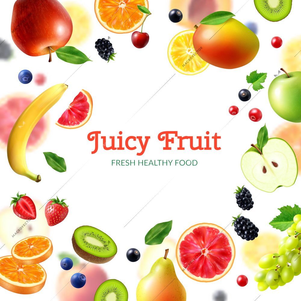 Fruits and berries background with realistic banana cranberry apple orange strawberry mango kiwi vector illustration