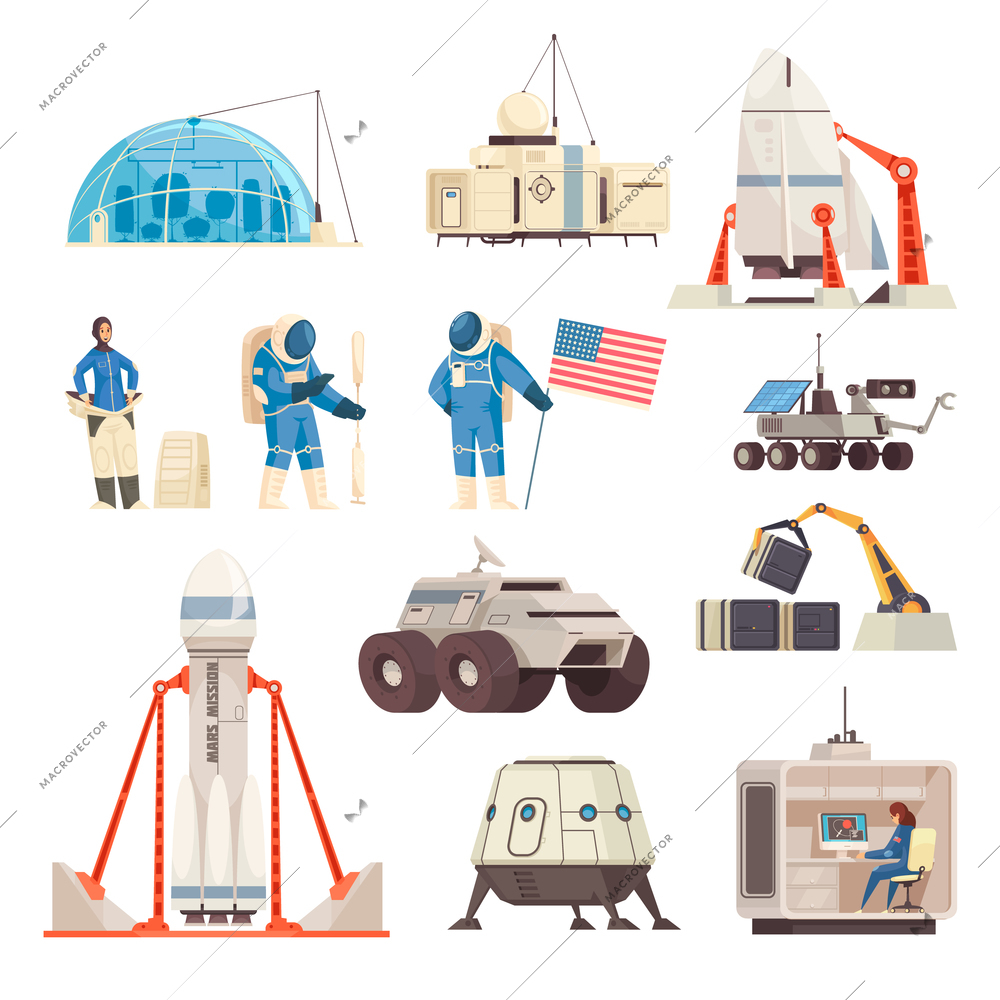 Mars exploration colonization mission flat icons collection with spacecraft astronaut in spacesuit with flag rover vector illustration