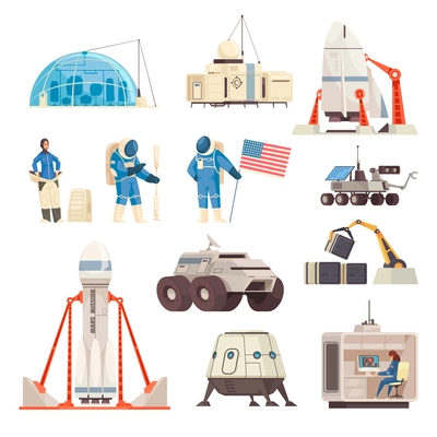 Mars exploration colonization mission flat icons collection with spacecraft astronaut in spacesuit with flag rover vector illustration