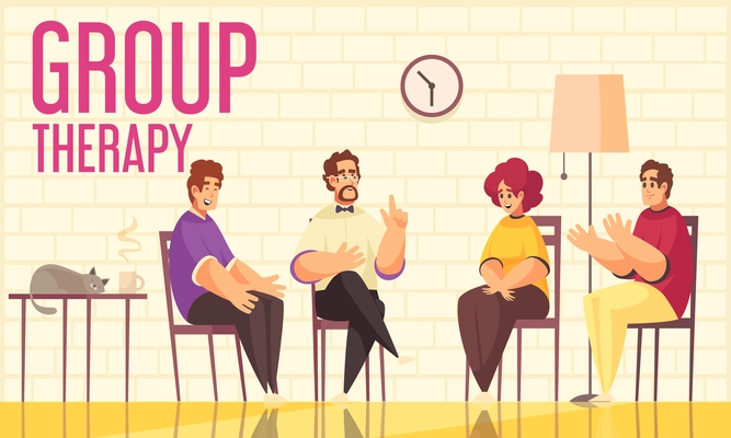 Psychotherapy group therapy session flat composition with members led by therapist  sharing their moods feelings vector illustration