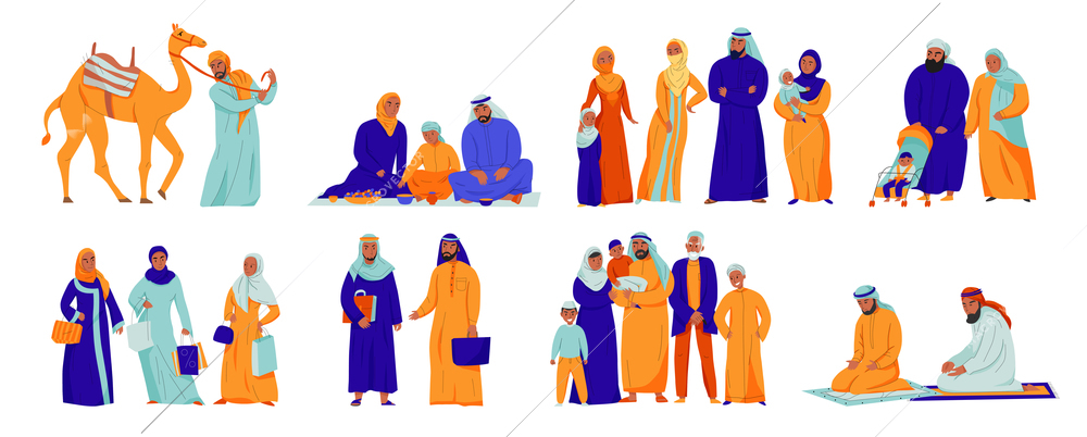 Isolated arabs icon set with different situation arabs family and islam traditions vector illustration