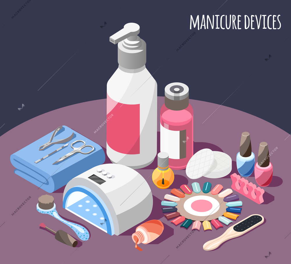 Manicure devices isometric background with nail polish palette kit lamp cotton pads remover 3d vector illustration