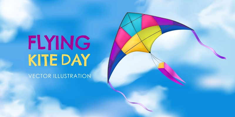 Colored and realistic kite banner with flying kite day headline in the sky vector illustration