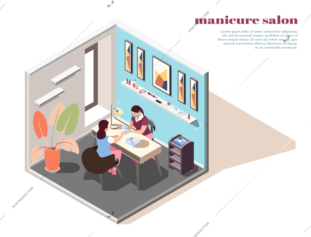 Isometric composition with woman having her nails painted in manicure salon 3d vector illustration