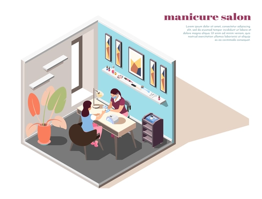 Isometric composition with woman having her nails painted in manicure salon 3d vector illustration