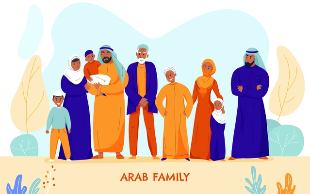 Flat and colored arabs big family composition with nine people in the family vector illustration