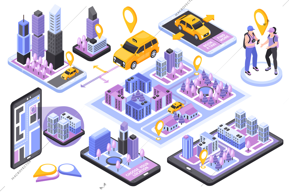 Taxi transfer booking service isometric set with smartphone navigation app 3d map customers yellow car vector illustration