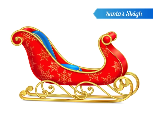 Santa sleigh realistic composition with image of decorated sled isolated on blank background with editable text vector illustration