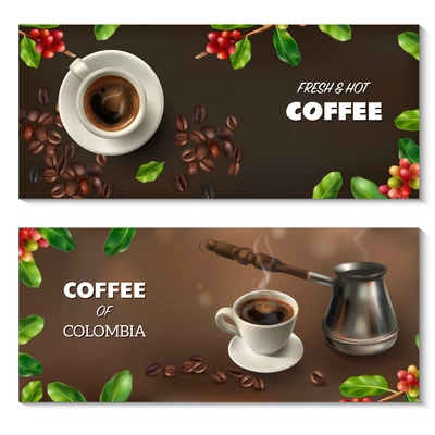 Two horizontal realistic coffee banner set with fresh and hot and coffee of Colombia headlines vector illustration