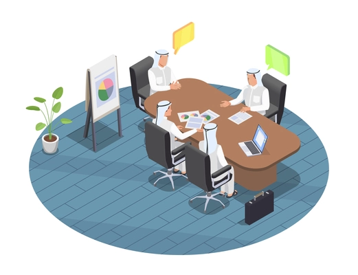 Arab people at business meeting in office 3d isometric vector illustration