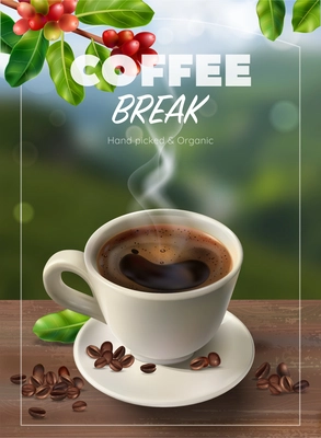 Realistic coffee vertical advertising poster with coffee break hand picked and organic headline vector illustration