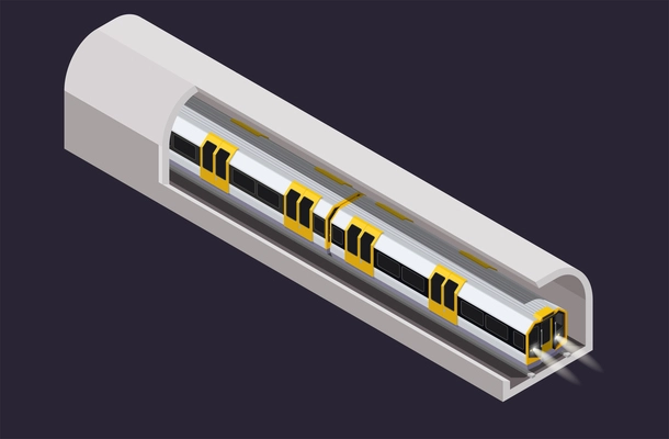 Subway train in tunnel isometric composition on black background 3d vector illustration