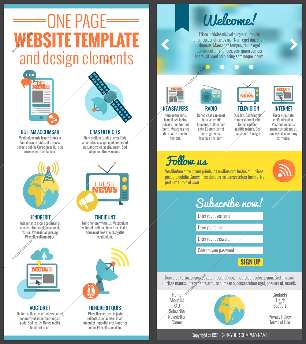 One page web site template for mass media communication industry vector illustration