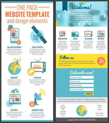 One page web site template for mass media communication industry vector illustration