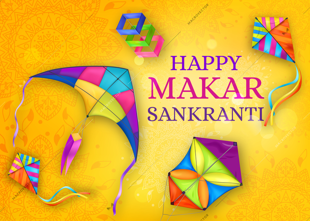 Realistic kite makar Sankranti composition with big headline and colorful flying kites vector illustration