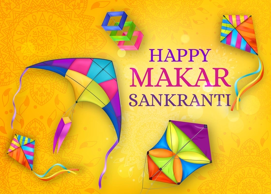 Realistic kite makar Sankranti composition with big headline and colorful flying kites vector illustration