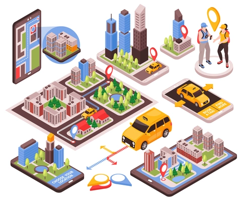 Taxi service navigation system isometric elements set with 3d map customers yellow car smartphone isometric vector illustration