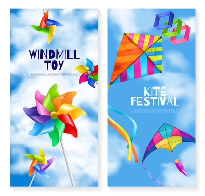 Two vertical and realistic kite wind mill toy banner set with two different holiday flying games vector illustration