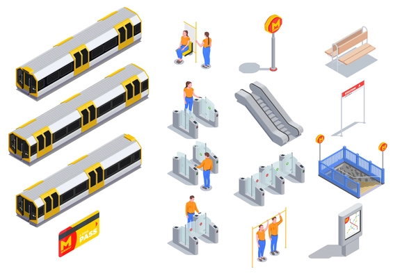 Metro elements set with 3d carriage train turnstile escalator passengers isometric isolated vector illustration