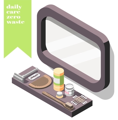 Isometric background with zero waste eco cosmetics and personal items on shelf under mirror 3d vector illustration