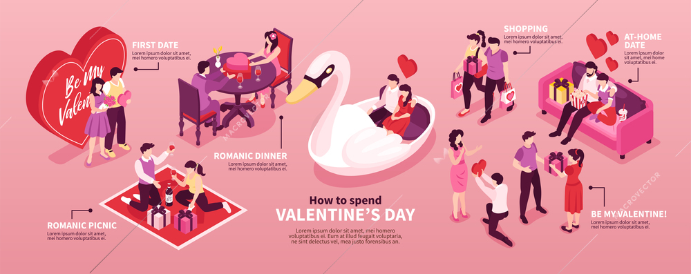 Valentine day spending tips romantic picnic restaurant dinner presents dating horizontal infographic composition pink background vector illustration