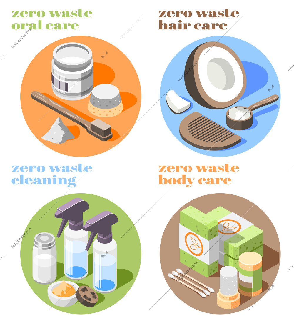 Isometric icons set with zero waste products for cleaning body and hair care 3d isolated vector illustration