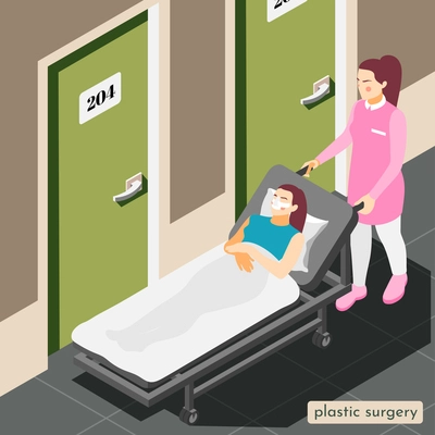 Woman after facial plastic operation on wheeled bed in clinic isometric background 3d vector illustration