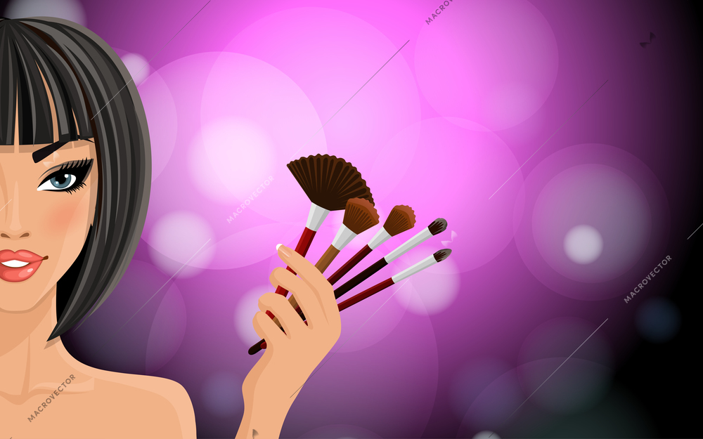 Pretty woman with black hairs holding make up equipment on purple shiny background vector illustration