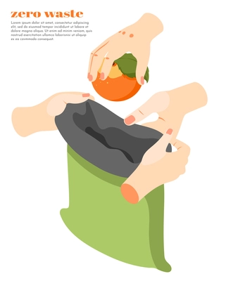 Zero waste isometric background with people putting orange into recyclable green bag 3d vector illustration