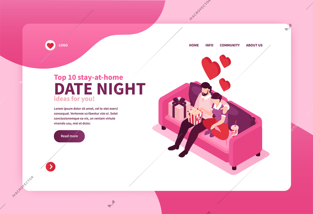 Valentines day celebration stay home dating night gifts ideas isometric horizontal web banner landing page vector illustration