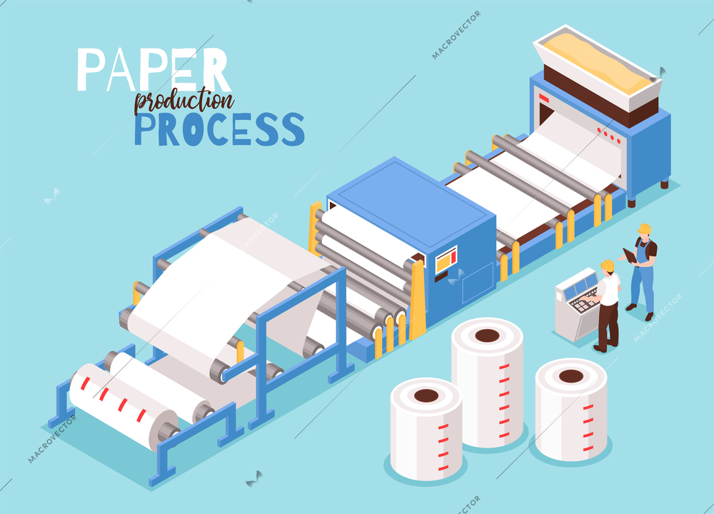 Paper manufacturing from woods pulp automated operator controlled process drying sheet forming machinery isometric composition vector illustration