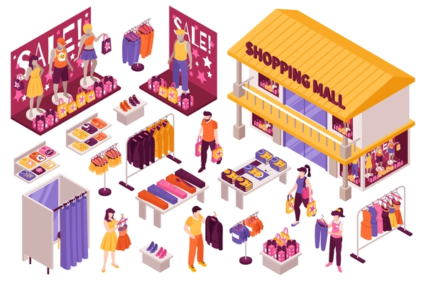 Clothing store isometric set with shopping mall building fitting room sale display stands racks customers vector illustration