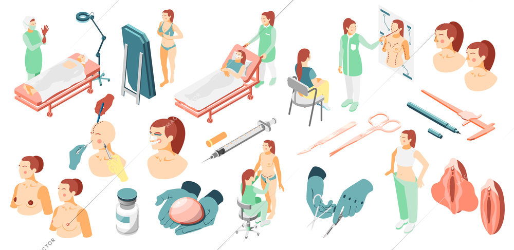 Plastic surgery isometric icons set with surgeons surgical instruments patients and corrected body parts isolated vector illustration