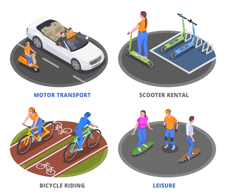 Personal transport 2x2 isometric design concept with people riding bicycle scooter skateboard and driving car 3d isolated vector illustration