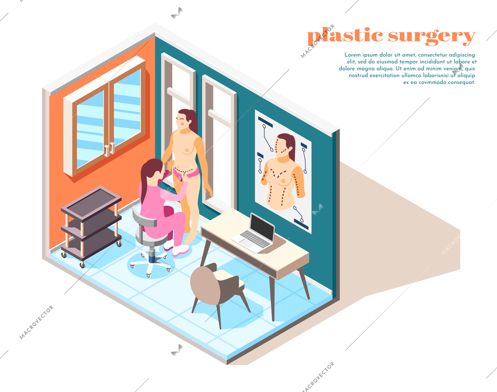 Plastic surgery isometric composition with woman consulting doctor before operation 3d vector illustration