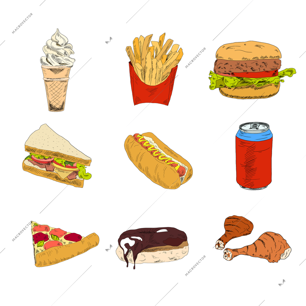 Set of sketch doodles hamburger hot dog fast food pizza icons in color vector illustration