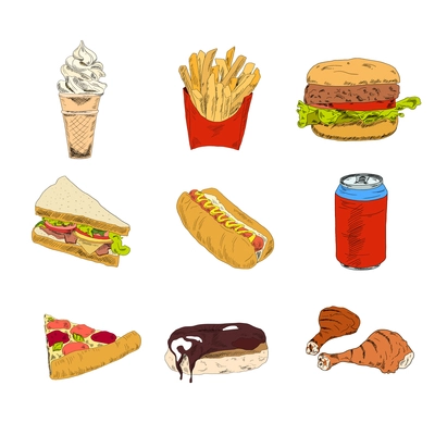 Set of sketch doodles hamburger hot dog fast food pizza icons in color vector illustration