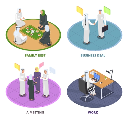 Isometric 2x2 design concept with arab people resting with family and working 3d isolated vector illustration